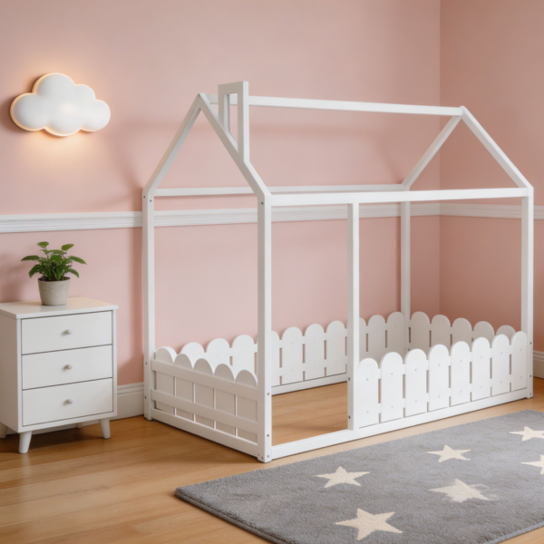 White Twin Solid Wood Montessori Floor Bed with Roof