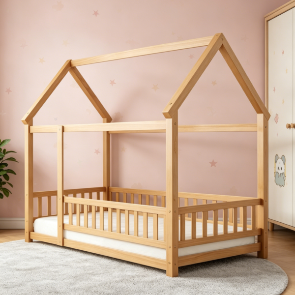 Natural Twin Wooden Montessori Floor Bed with Fence